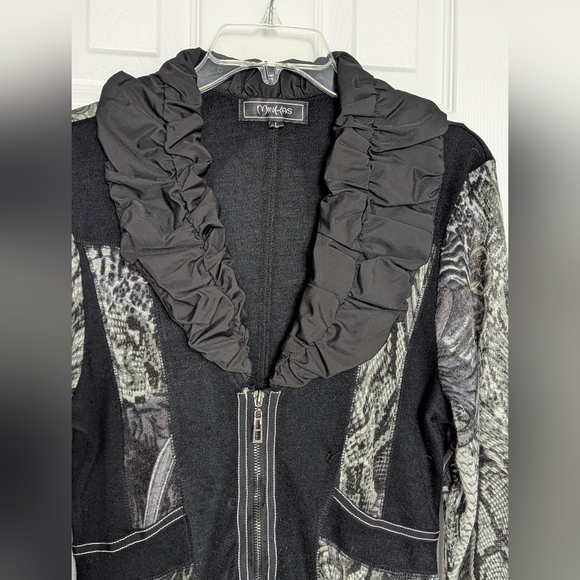 Womens (L) Black&Gray Front-Zip Cardigan w/Ruched V-Neck Collar & Sheer Sleeves - Picture 3 of 14